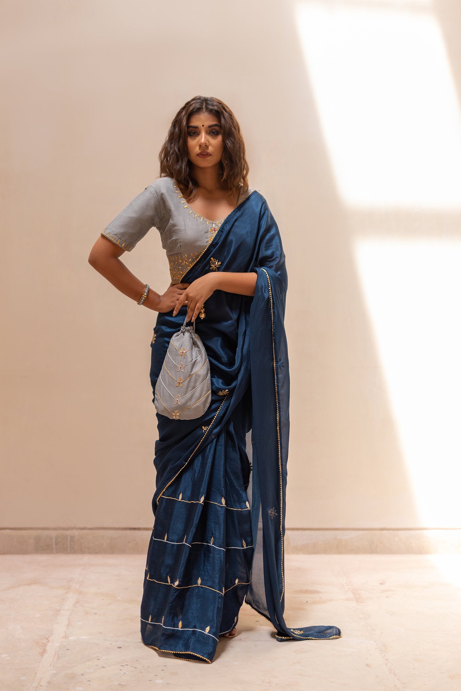 Blue Gota Patti Chinon Saree With Grey Cotton Silk Blouse