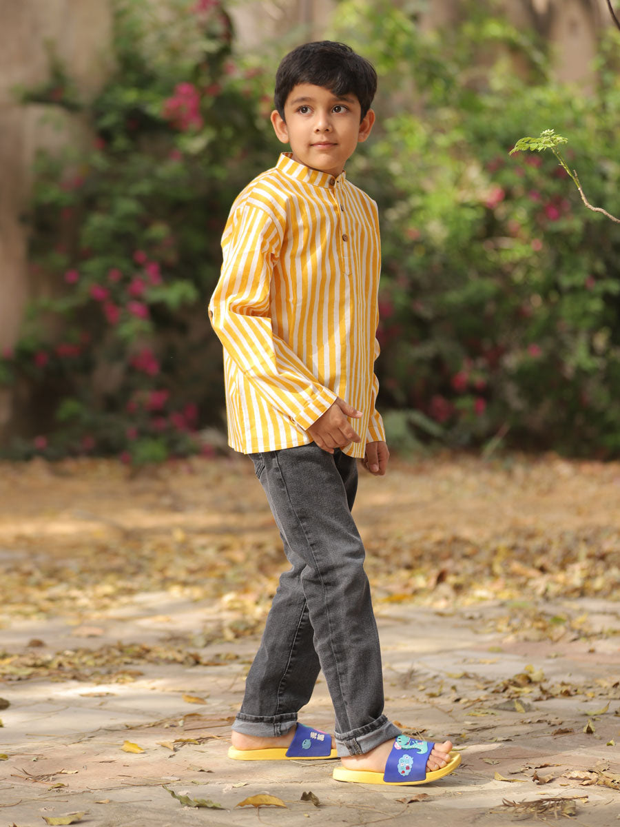 Yellow Stripes Organic Cotton Block Printed Kurta