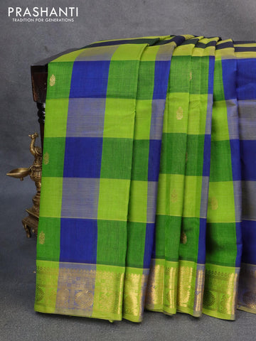 10 yards silk cotton saree blue and light green with paalum pazhamum checked pattern & zari buttas and annam zari woven border without blouse