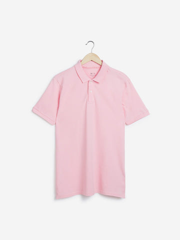 WES Casuals Light Pink Cotton Blend Slim-Fit Polo T-Shirt