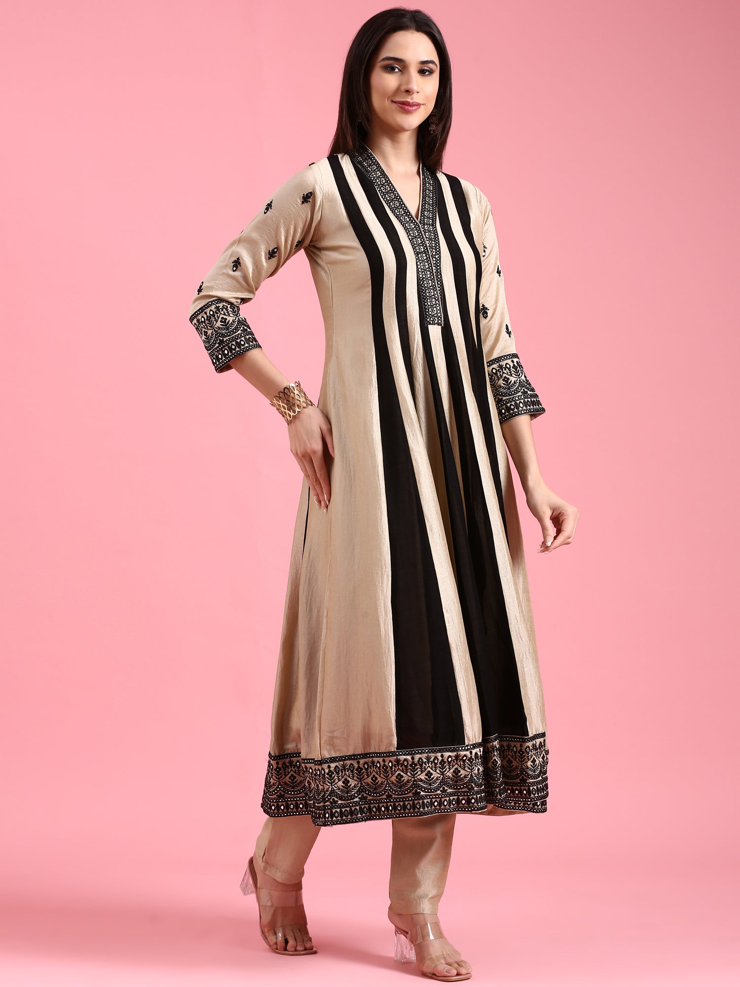 Beige Vichitra Silk Embroidered Short Kali