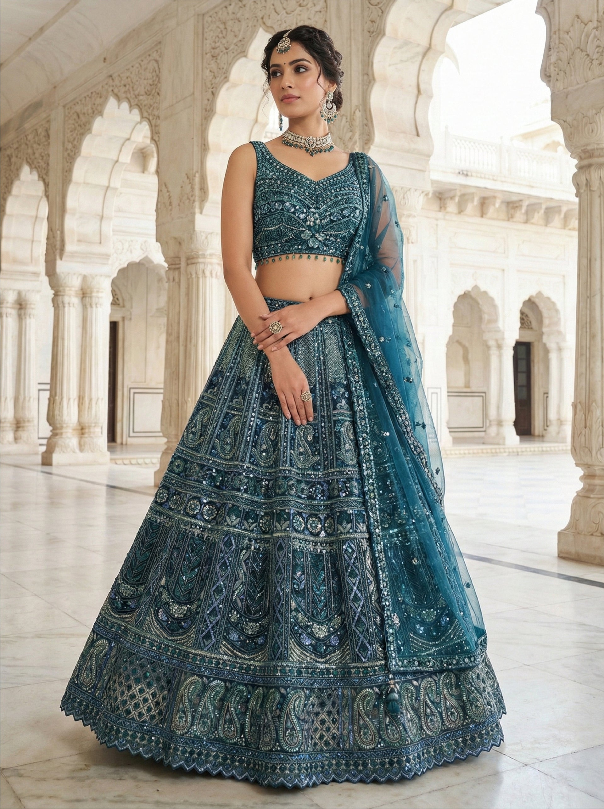 Green Net Heavy Hand Embroidered Ghagra Set