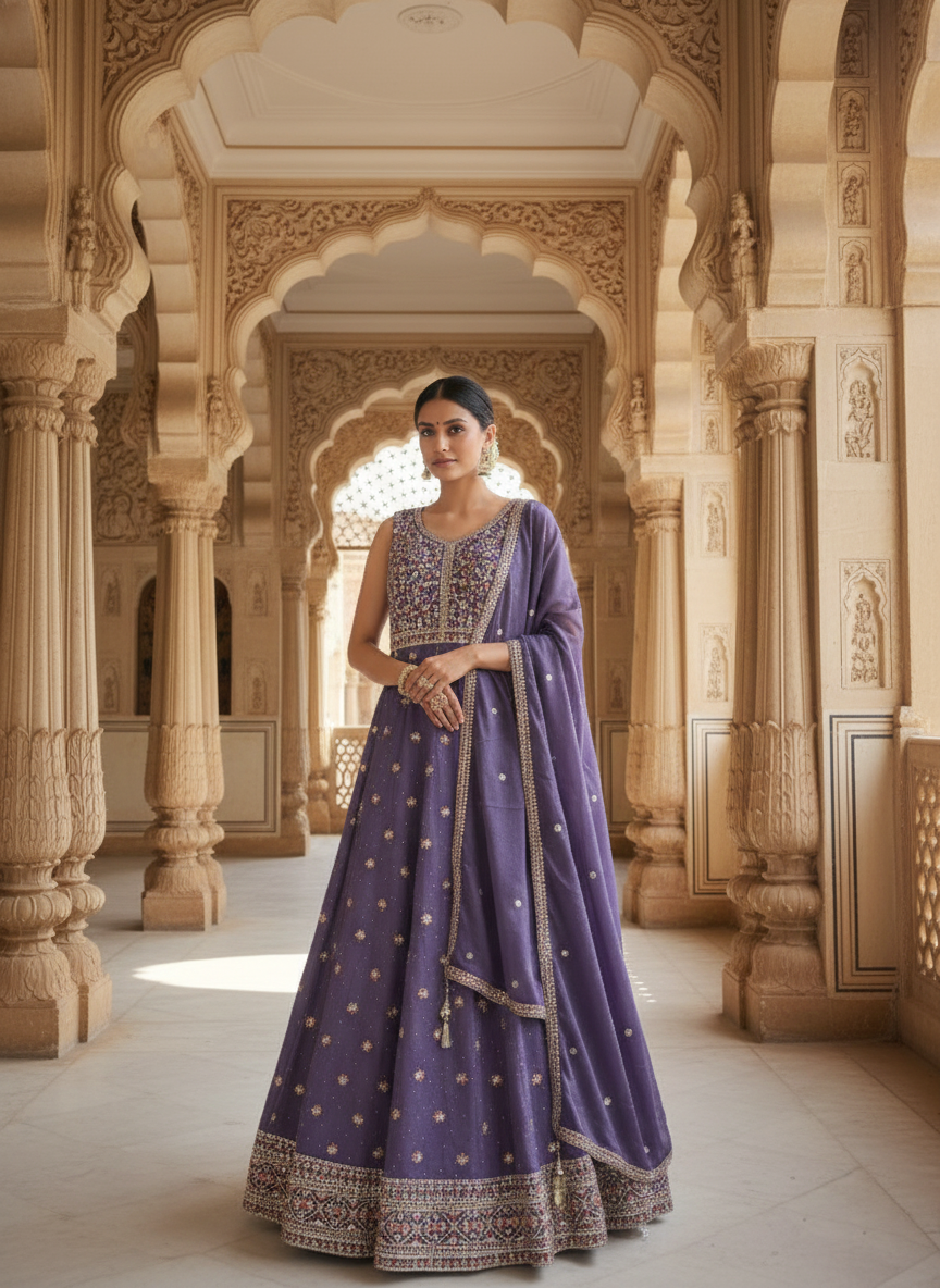 Lavender Chinnon Hand Embroidered Anarkali Set