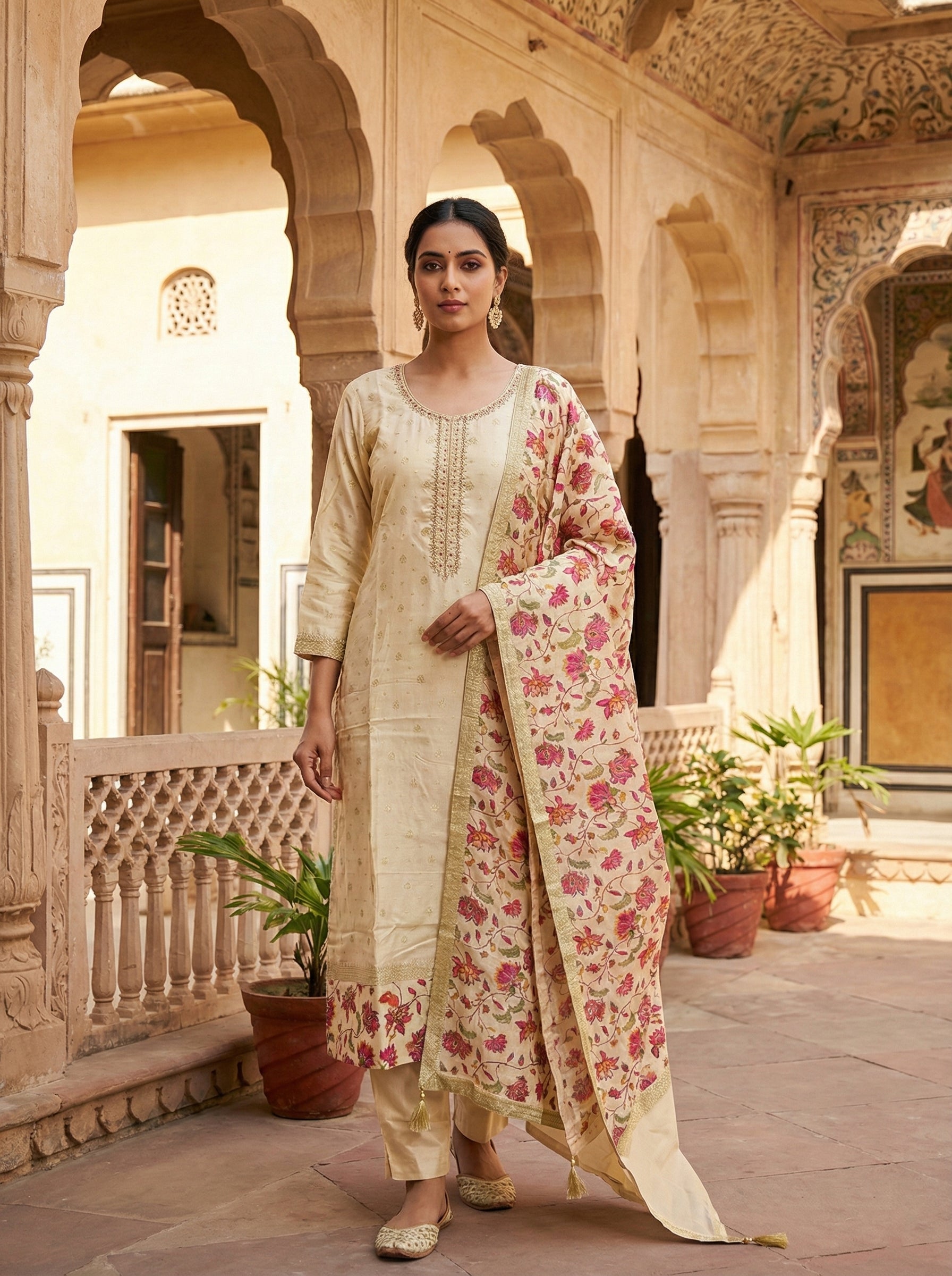 Beige Silk Floral Digital Printed Suit Set