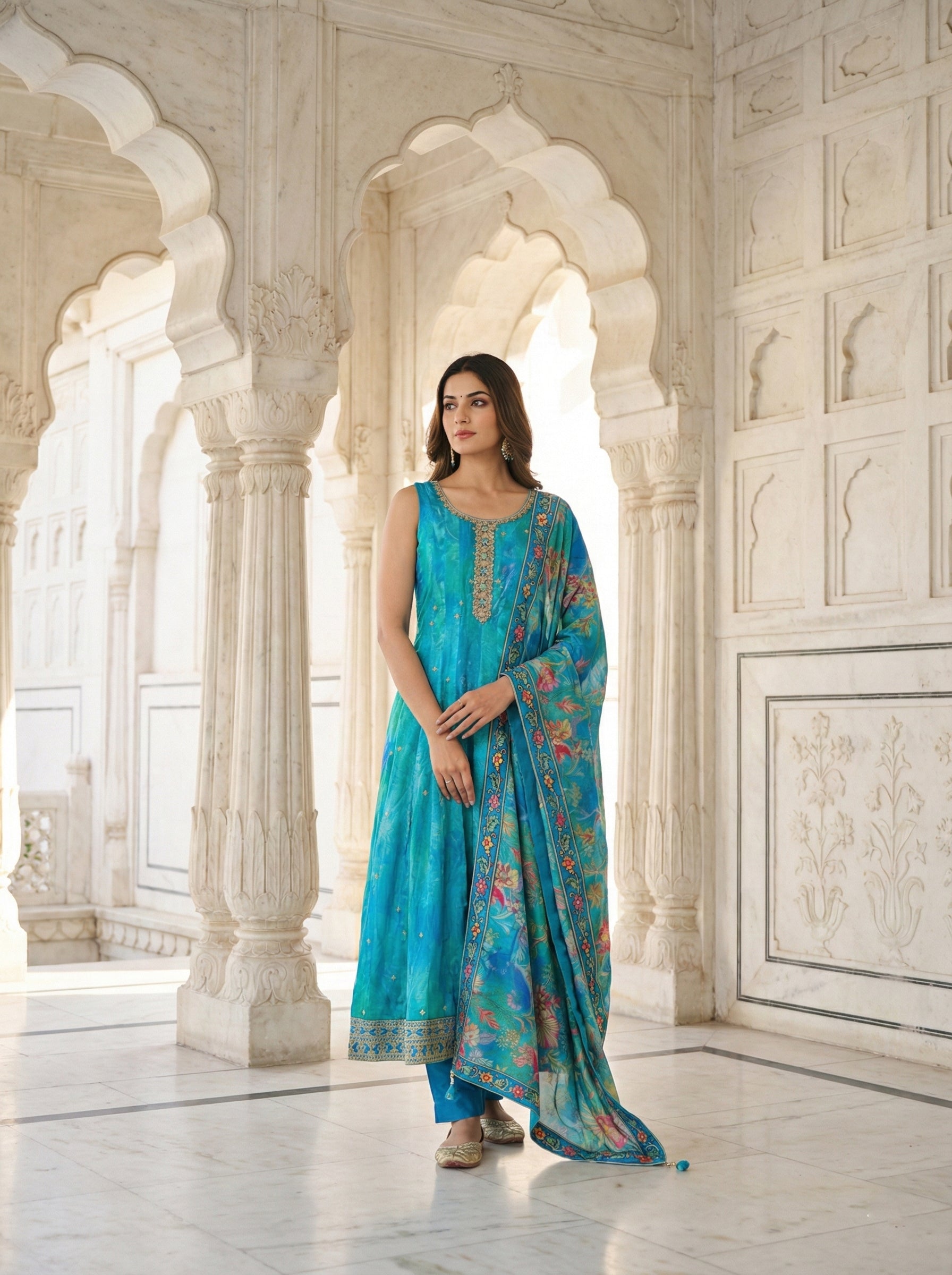 Ferozi Silk Floral Digital Print Suit Set