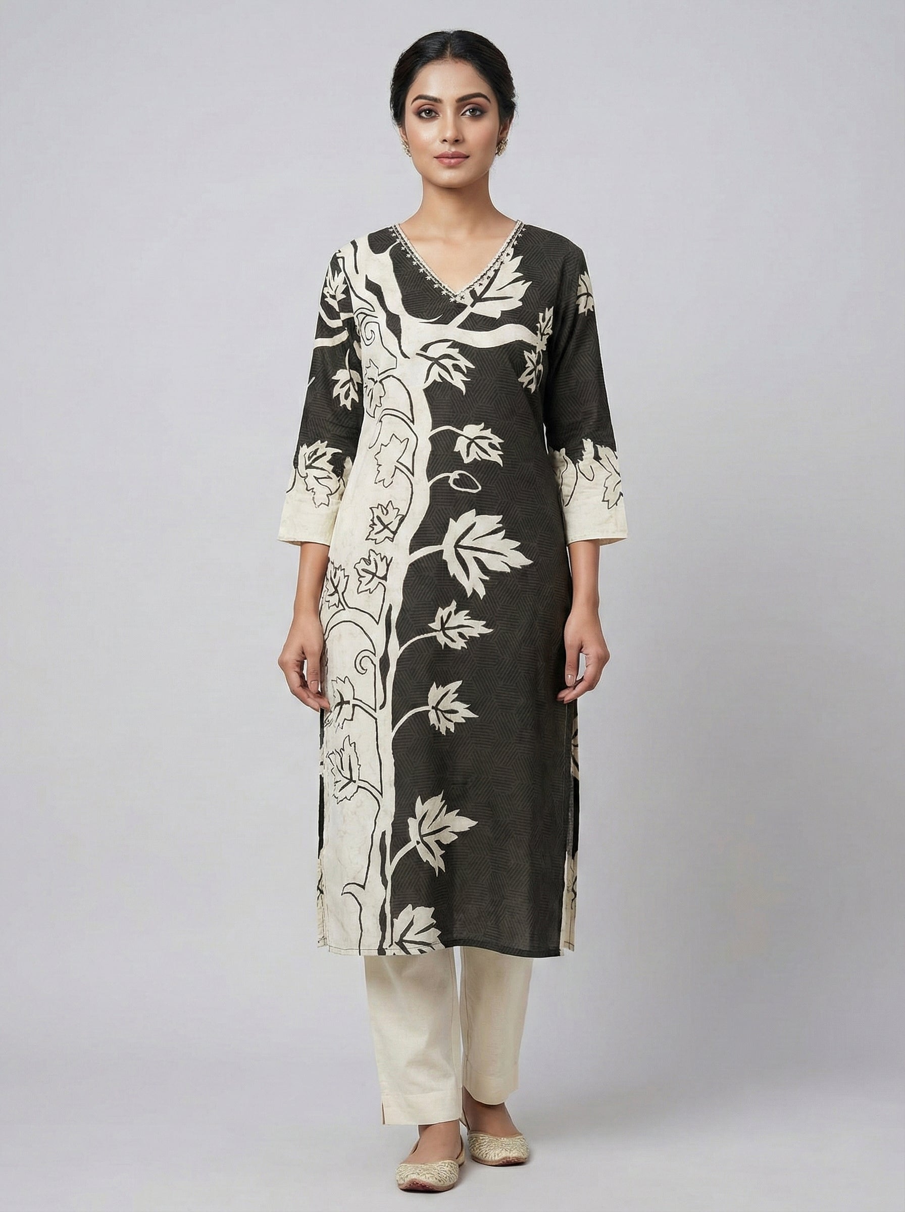 Black Rayon Floral Digital Print Kurta