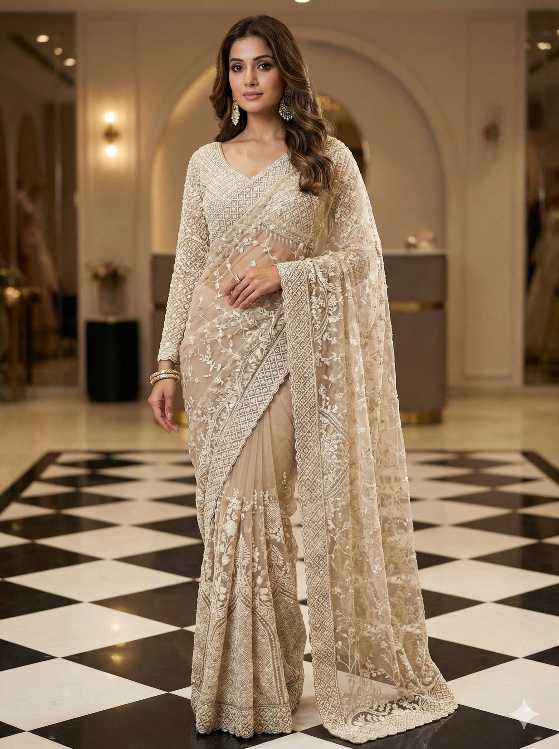 Beige Net Heavy Hand Embroidery Saree With Readymade Blouse