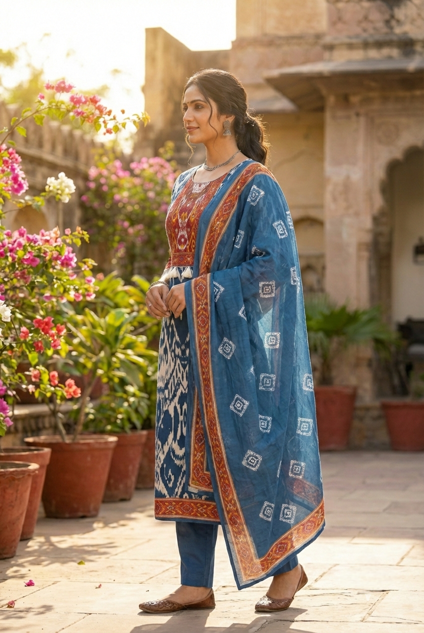 Blue Cotton Printed Three Piece Set