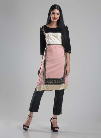 Pink & Black 3/4 Sleeve Printed kurta