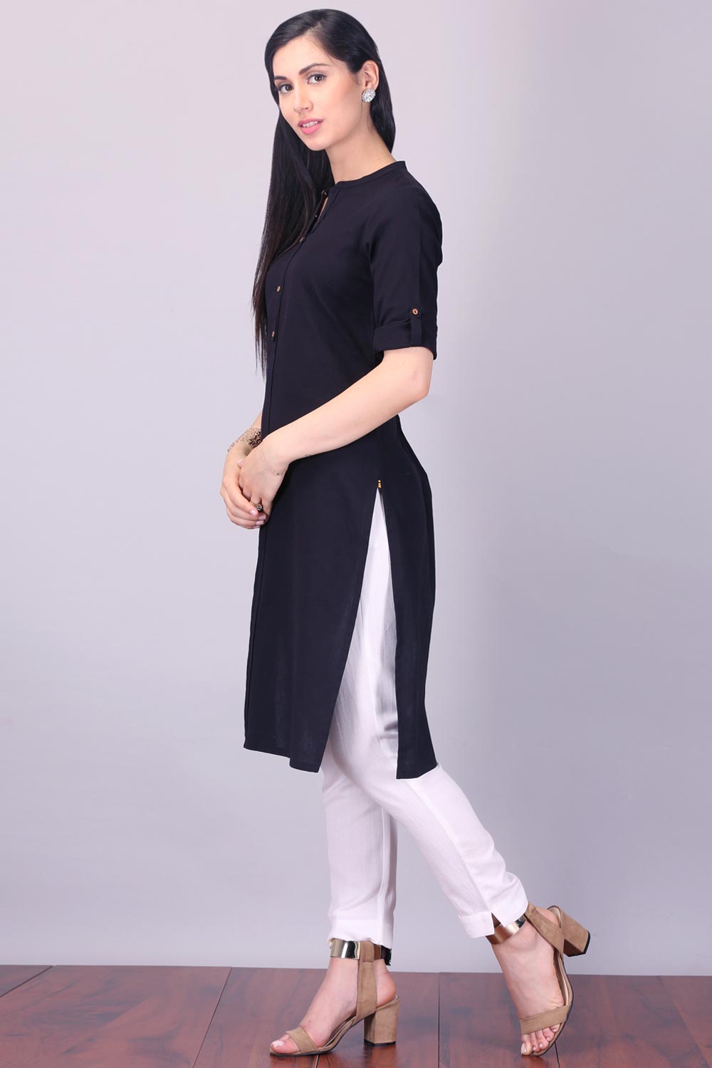 Black 3/4 Sleeve Band Collar kurta