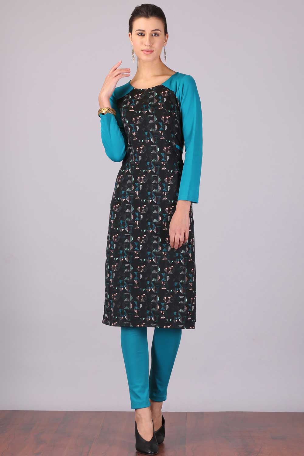 Black & Blue Printed Round Neck Winter kurta