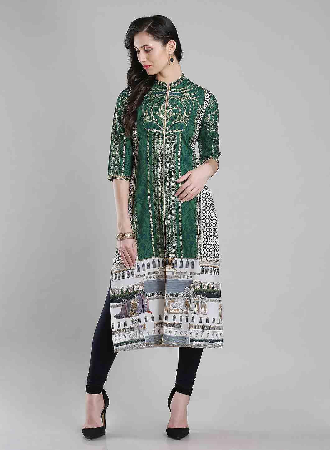 Green Printed Mandarin Neck kurta