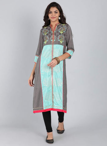 Grey Mandarin Neck Printed kurta