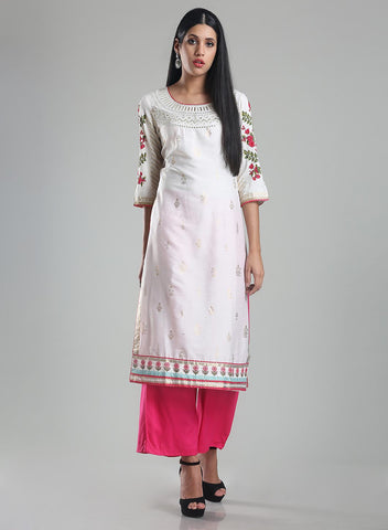 White Round Neck Printed kurta