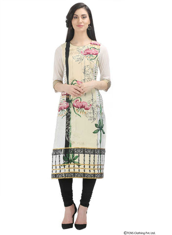 White Printed 3/4 Sleeve kurta