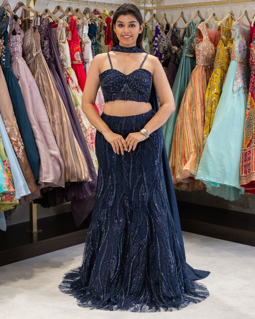 Net Fabric Lehenga with Cutdana & Sequin Work | Cord-Fit Blouse with Choker Dupatta