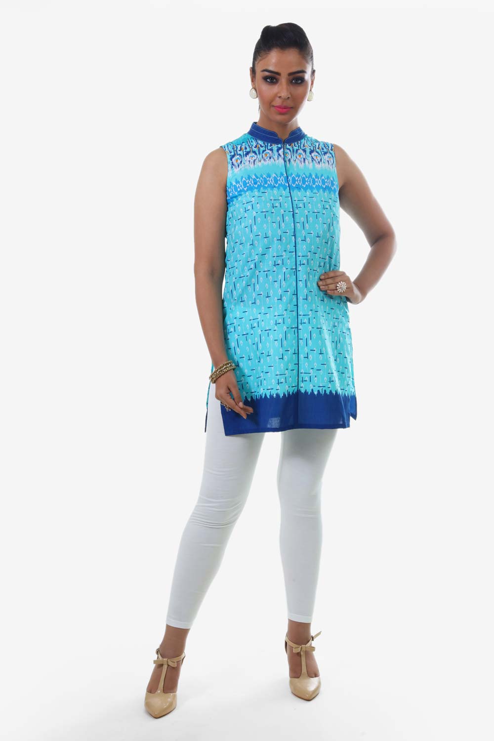 Blue Printed Mandarin Neck kurta