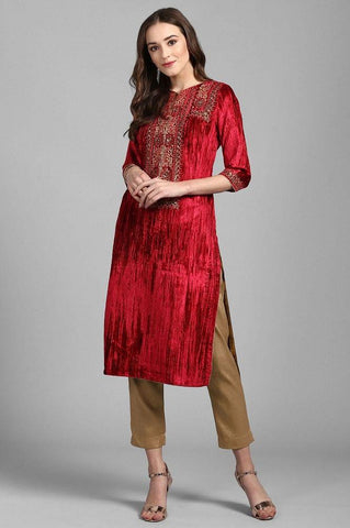 Red Round Neck Velvet Winter kurta