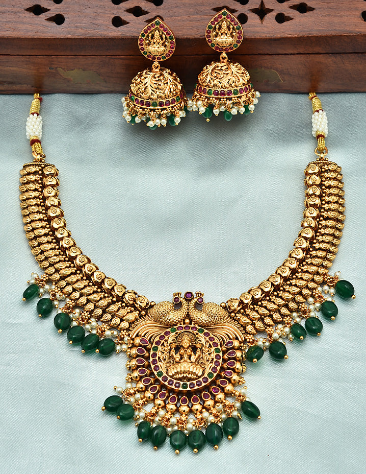 Designer Matt Lakshmi Devi Ruby Emerald Necklace Set With Monalisa Beads