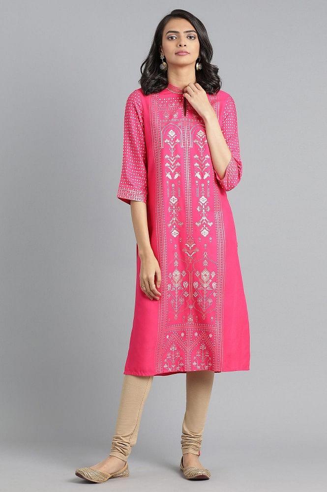 Pink Mandarin Neck Printed kurta