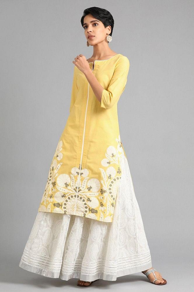 Yellow Round Neck Printed kurta