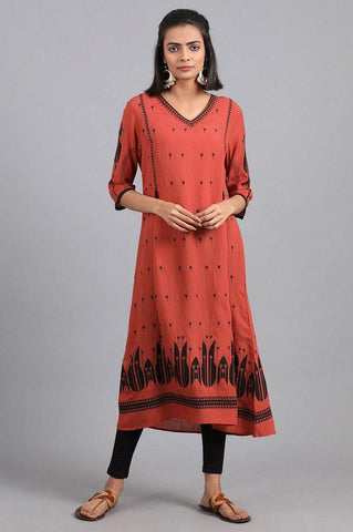 Deep Orange V-Neck Printed kurta