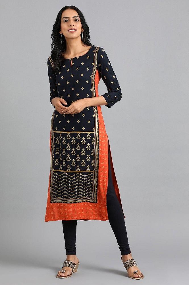 Blue Round Neck Printed kurta