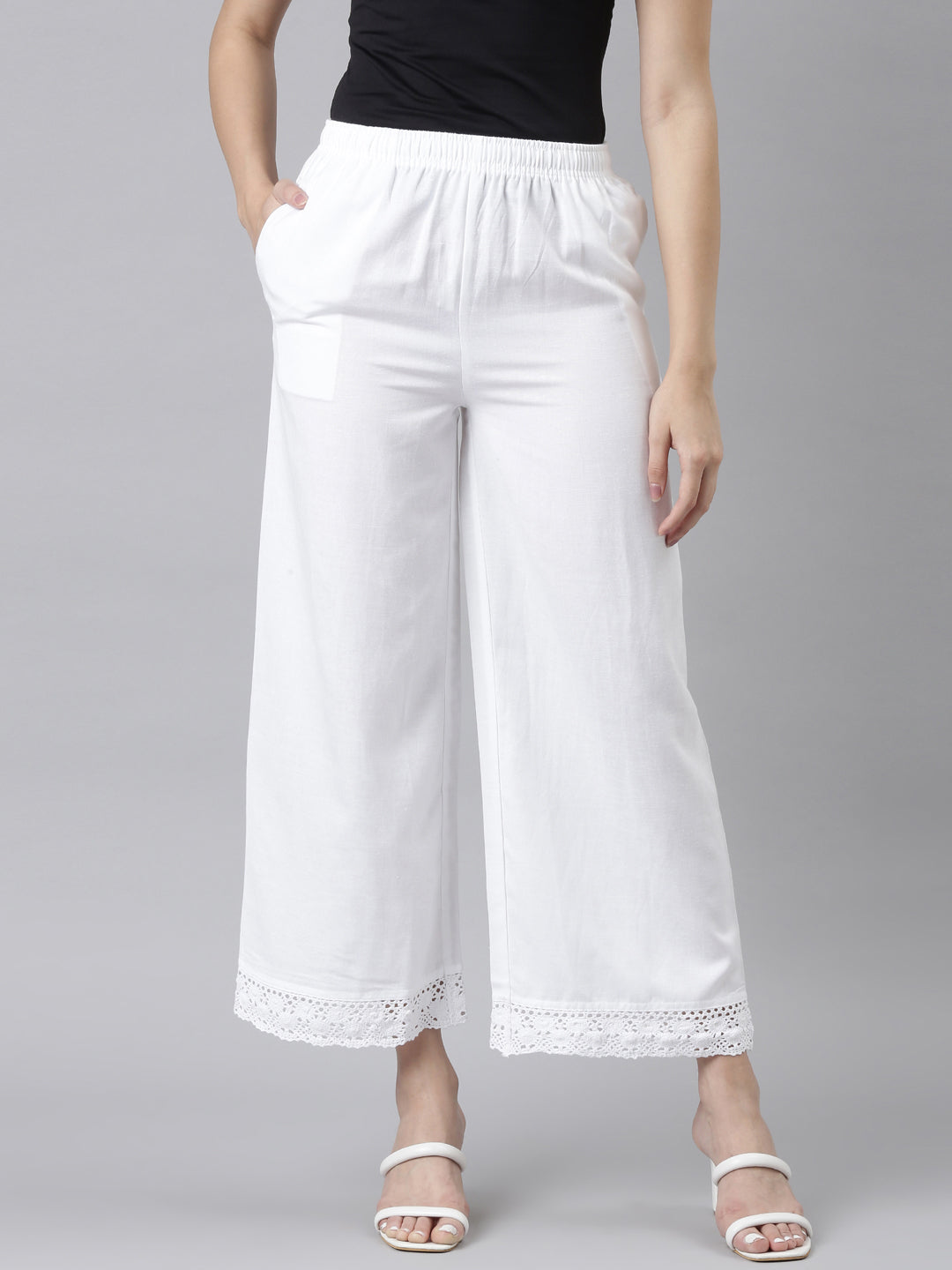 Women Solid White Mid Rise Linen Wide Pant