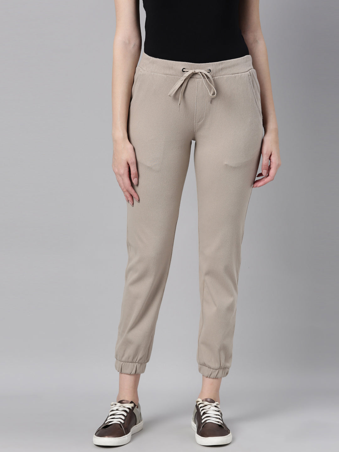 Women Solid Cotton Light Chocolate Cuffed Joggers