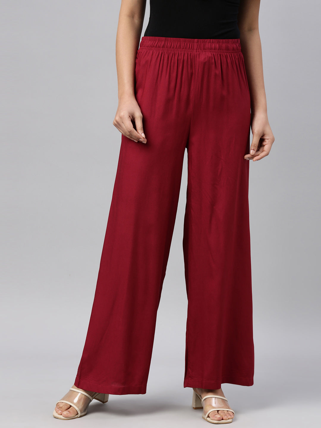 Women Solid Bright Red Woven Viscose Mid Rise Basic Palazzos