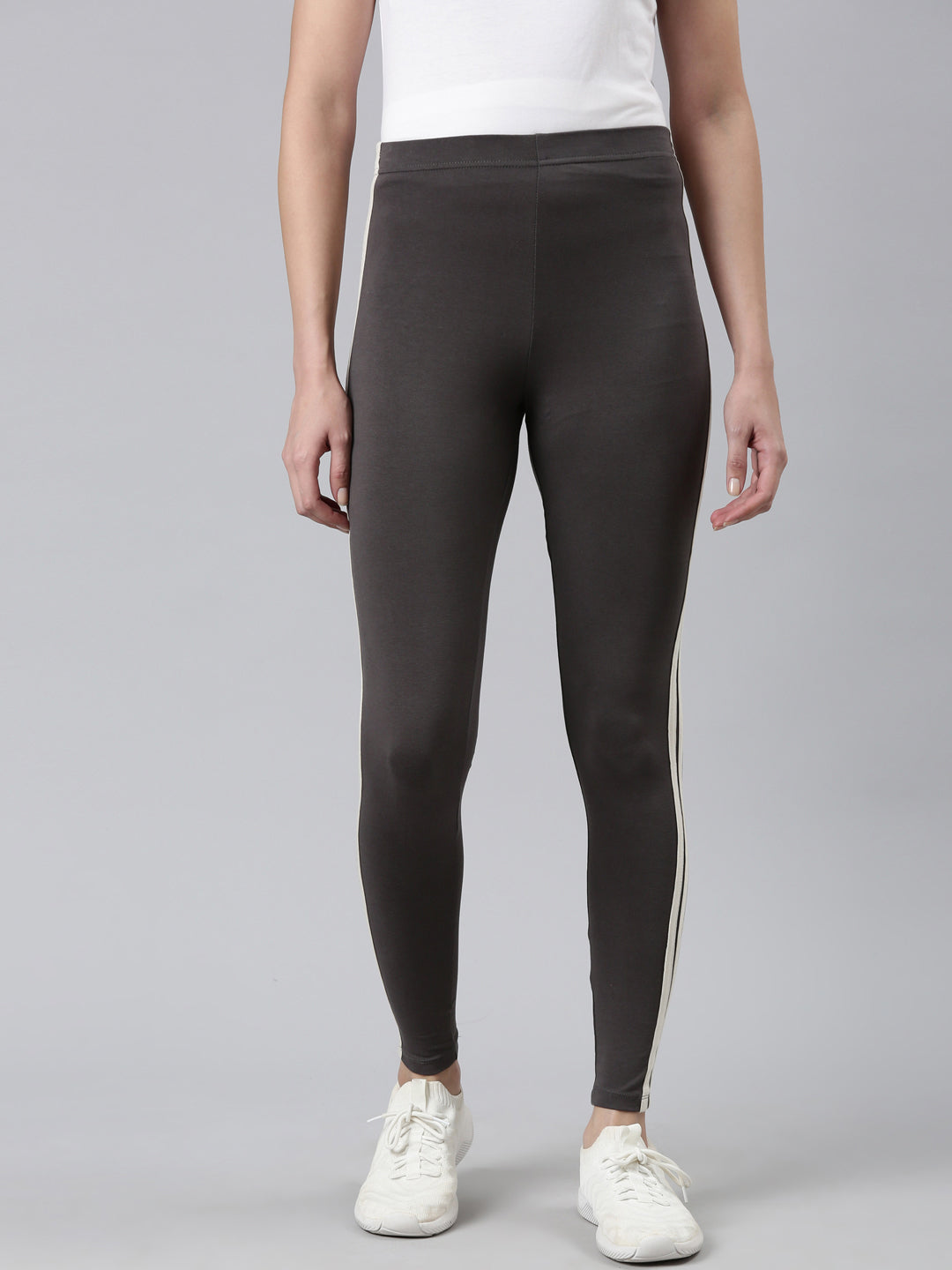 Women Grey Cotton Side Stripe Active Leggings