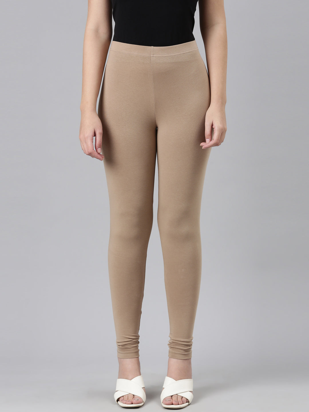 Beige Cotton Stretch Ankle Length Leggings