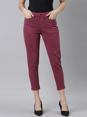 Women Solid Plum Mid Rise Cropped Jeggings