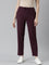 Women Solid Dark Wine Mid Rise Casual Rib Pants