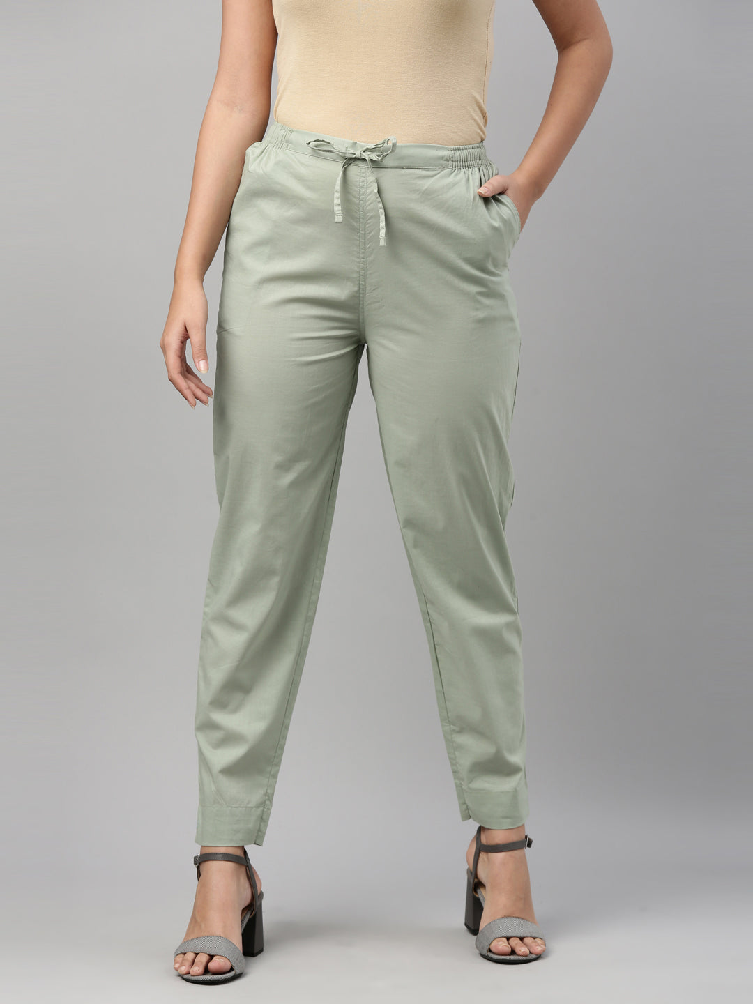 Women Solid Dusty Green Comfort Fit Cotton Pants