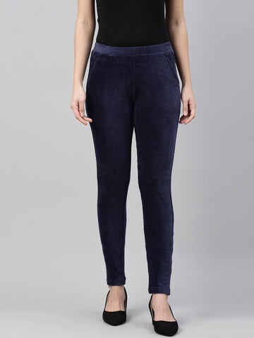 Women Solid Navy Mid Rise Corduroy Jeggings