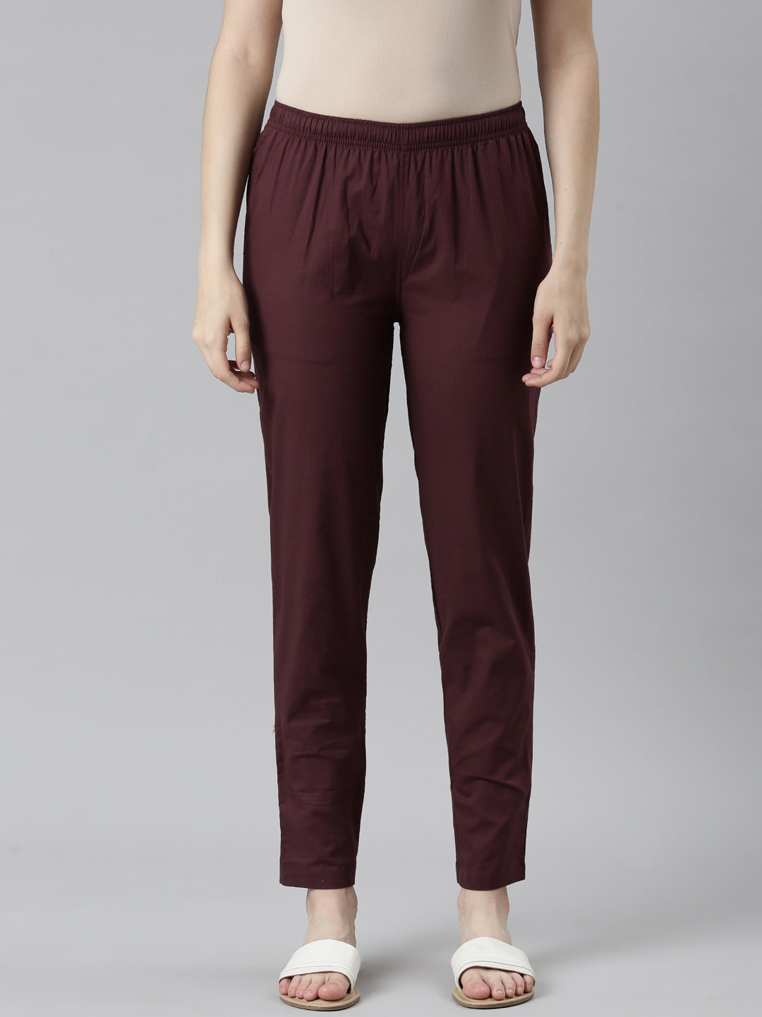 Women Solid Dark Wine Comfort Fit Cotton Pants