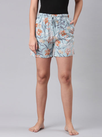 Blue Woven Viscose Printed Lounge Shorts