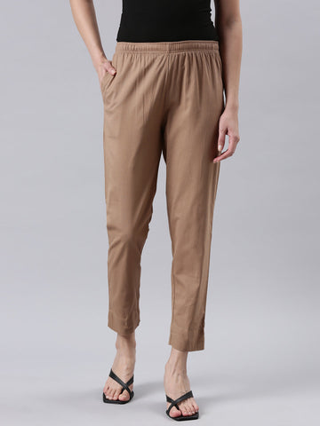 Women Solid Light Brown Cotton Pencil Pant