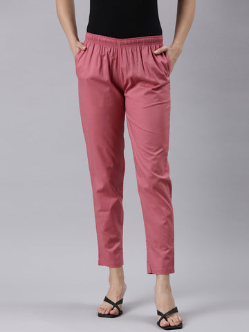 Women Solid Rusty Pink Comfort Fit Cotton Pants