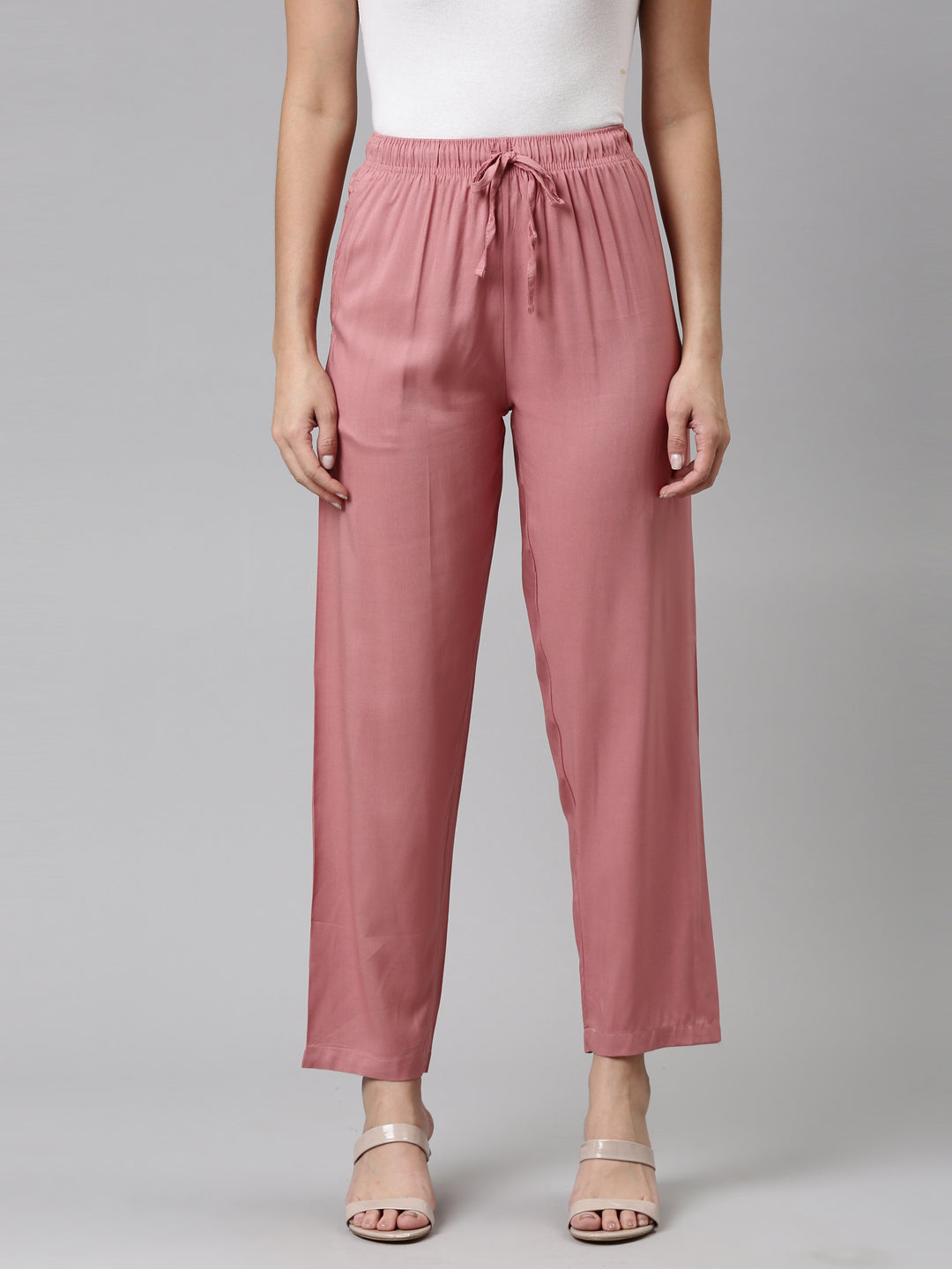 Women Solid Dusty Pink Mid Rise Casual Pants