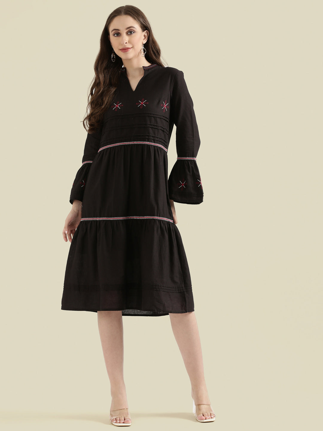 Cotton Embroidered Tiered Midi Dress