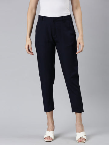 Women Solid Navy Crepe Pants