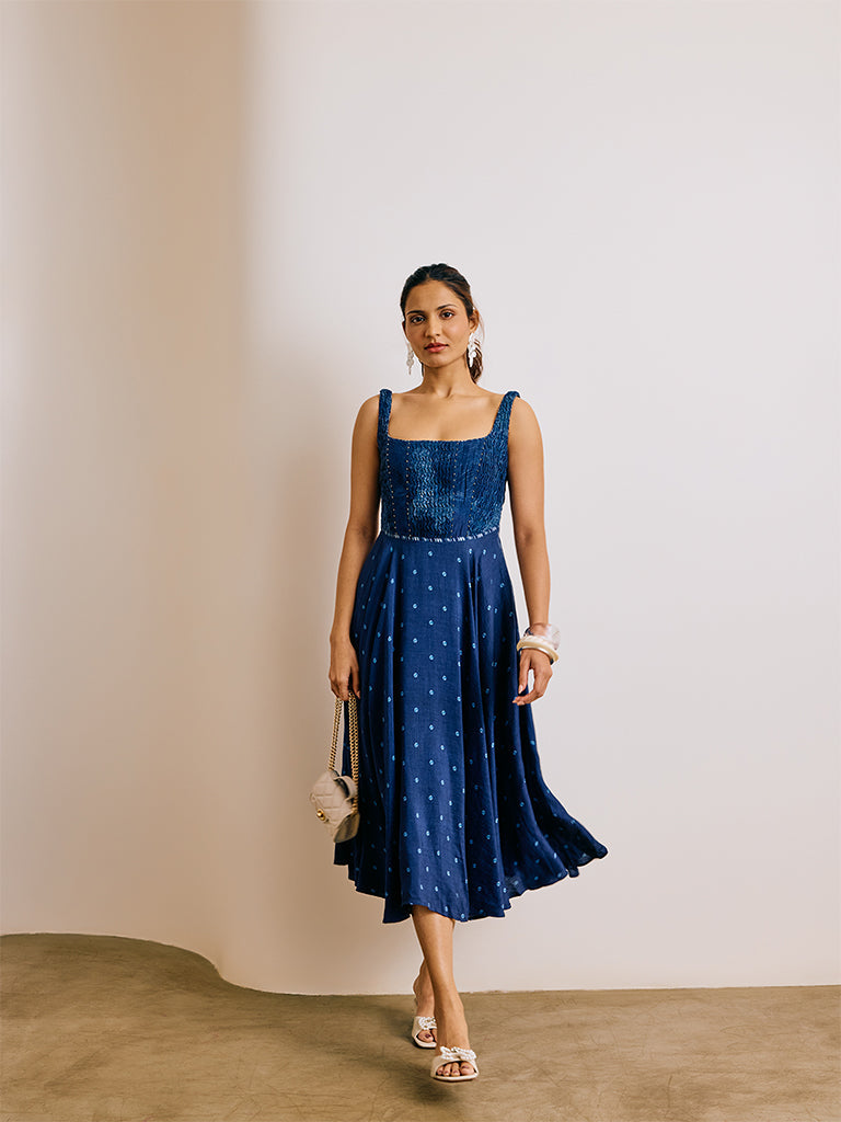 Bandhani Print  Midi Dress - Blue