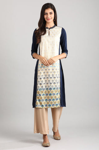 Blue Band Collar Printed Liva kurta