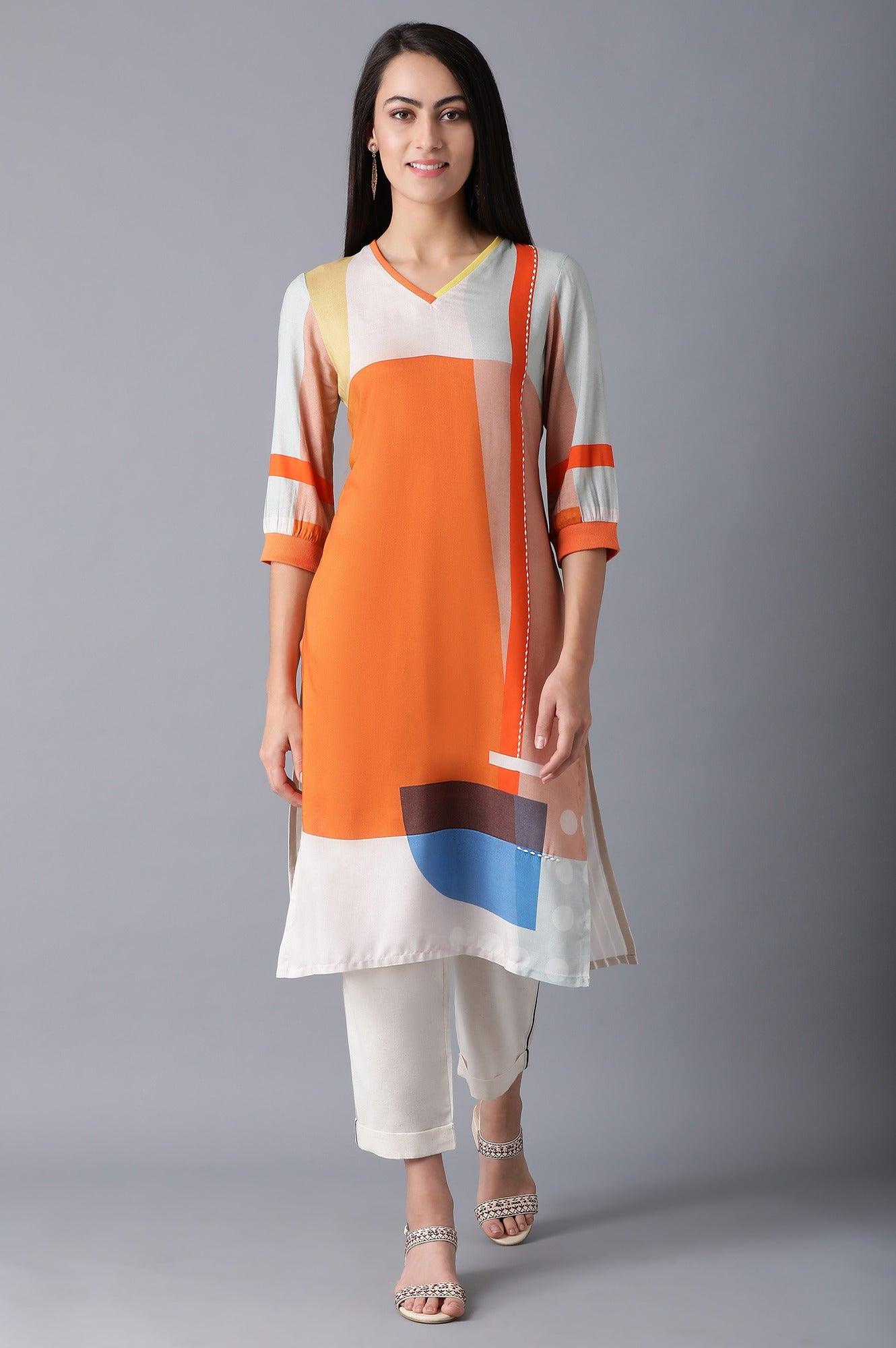 Orange V-Neck Printed kurta