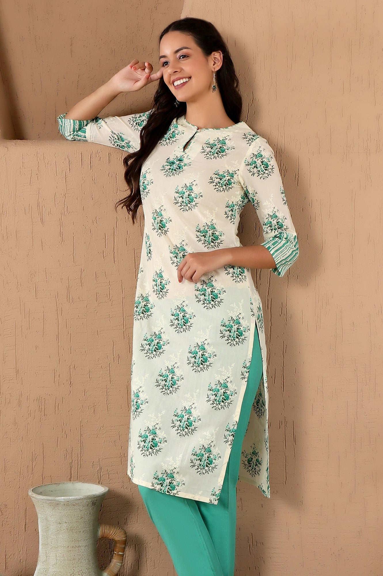 White Pure Cotton Straight Kurta with Green Floral Print