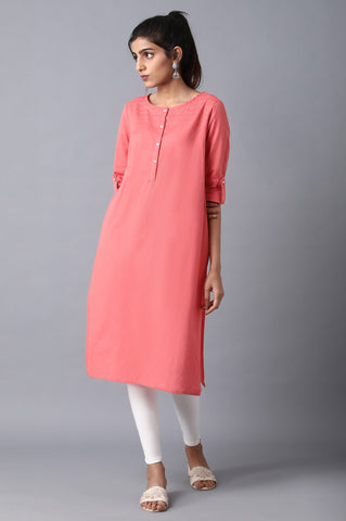 Peach Round Neck Solid kurta