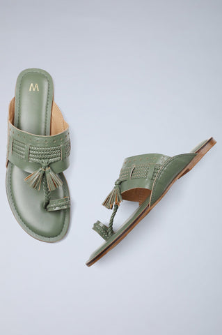 W Solid Green Round Toe Flat