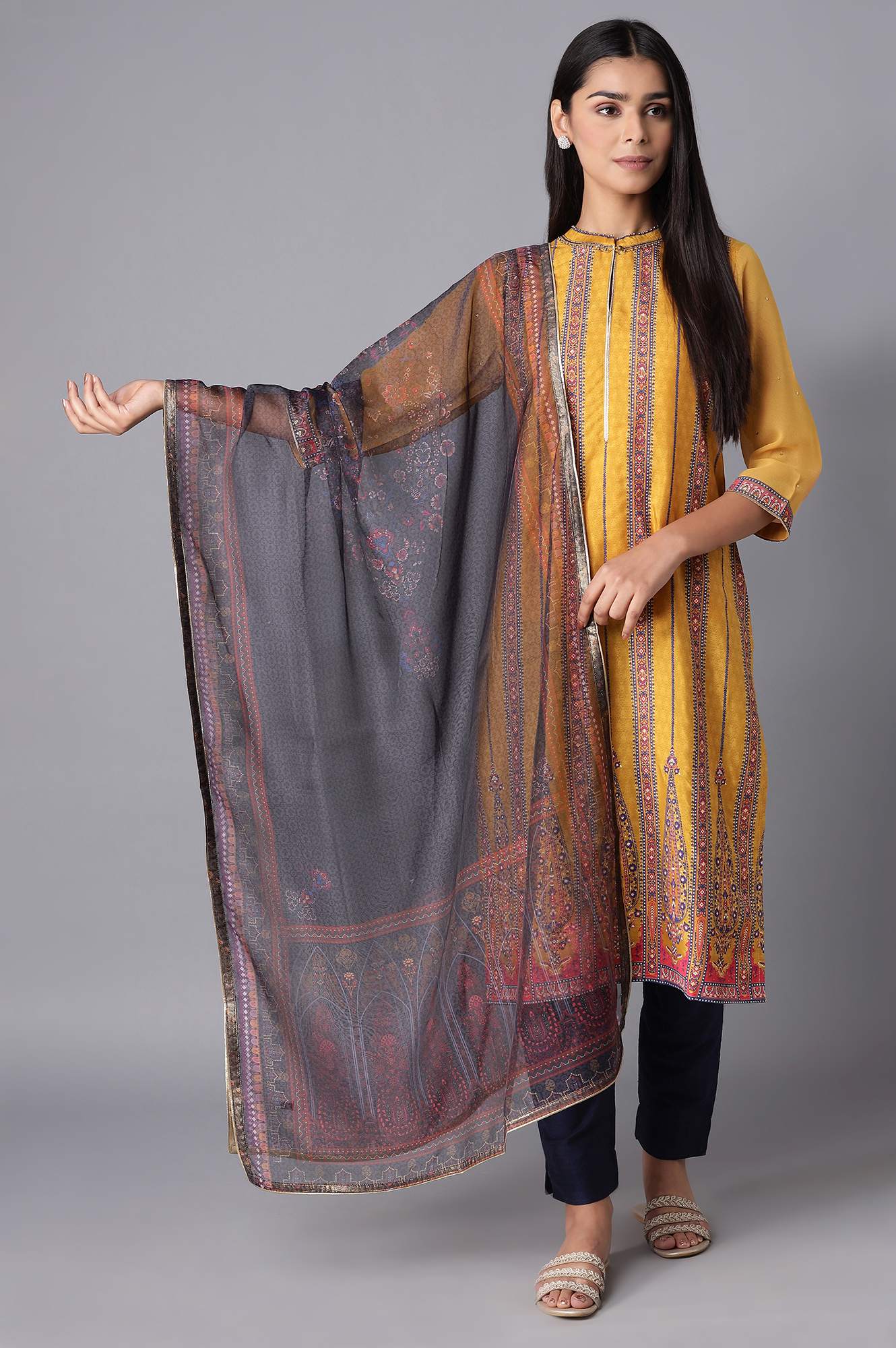 Grey Floral Print Organza Dupatta